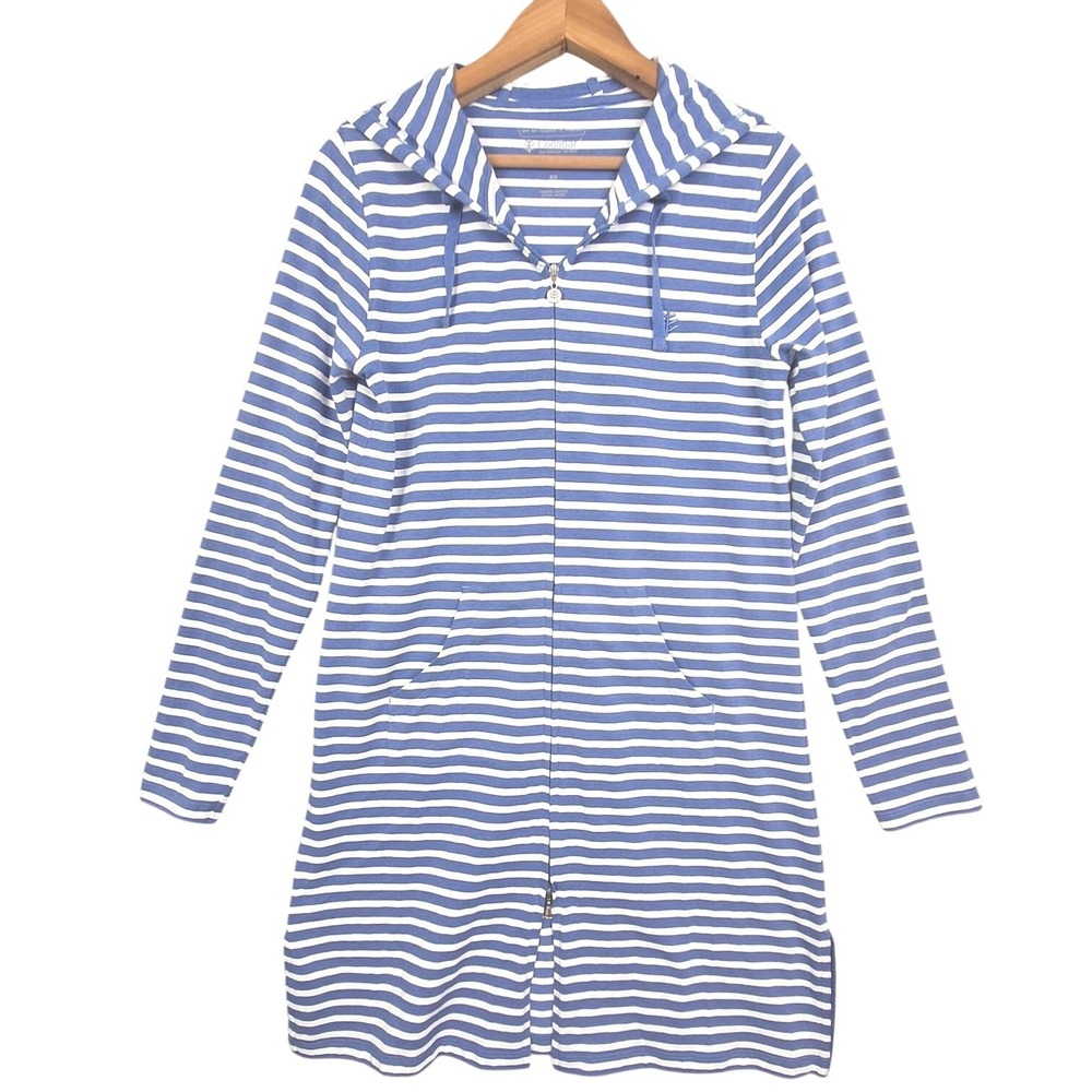 Coolibar Cabana Hoodie Womens XS Blue Striped UPF 50+ Coverup Beach Resortwear